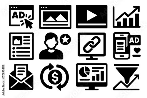 Digital marketing silhouette icon set. featuring ad click, analytics, email, video, conversion, and user profile symbols