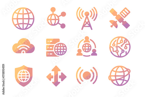 Communication network silhouette icon set. featuring globe, satellite, wifi, server, cloud, security, and signal symbols