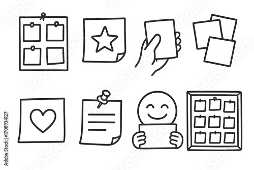 Office task linear icon set. featuring bulletin board, favorite, document, stack, heart note, checklist