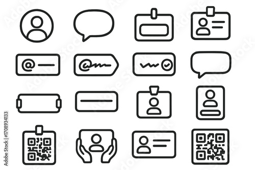 Communication and identification linear icon set. featuring profile, chat, id, qr code, and email symbols