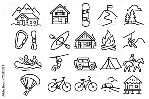 Outdoor adventure linear icon set. featuring camping, hiking, kayaking, climbing, cycling, and paragliding symbols