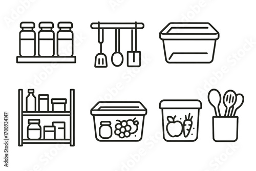 Kitchen storage linear icon set. featuring jars, utensils, containers, shelves, and cutlery symbols