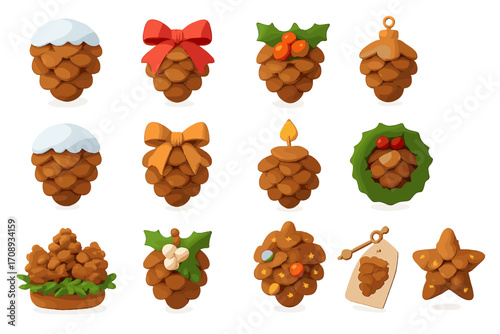 Christmas decorations flat icon set. featuring pinecones, bows, candles, wreath, berries, stars, and holly