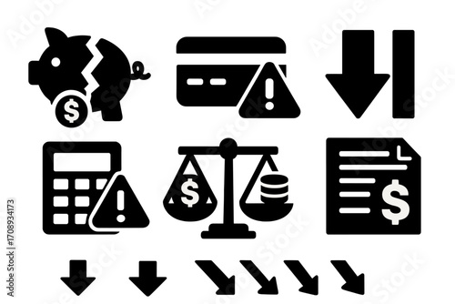 Financial issues silhouette icon set. featuring broken piggy bank, credit alert, cost reduction, balance, billing.
