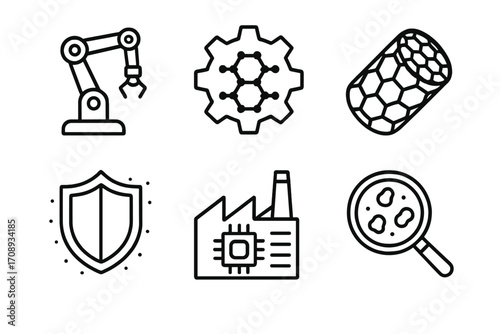 Nanotechnology linear icon set. featuring robotics, engine, nanomaterials, shield, factory, and microscope symbols