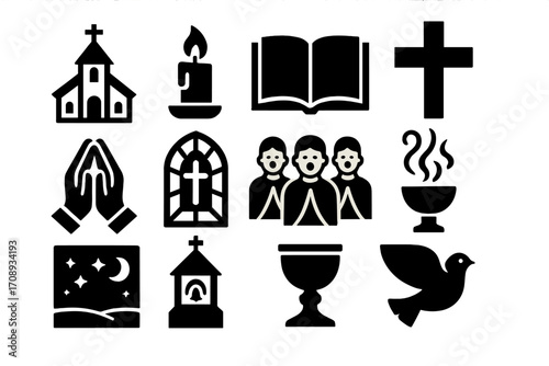 Christianity silhouette icon set. featuring church, candle, bible, cross, prayer, choir, and communion symbols