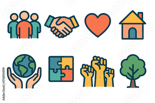 Community and environment flat icon set. featuring people, handshake, heart, house, earth, puzzle, protest, tree symbols