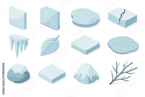 Nature silhouette icon set. featuring brick, ice cube, log, trunk, mountain, and frost symbols