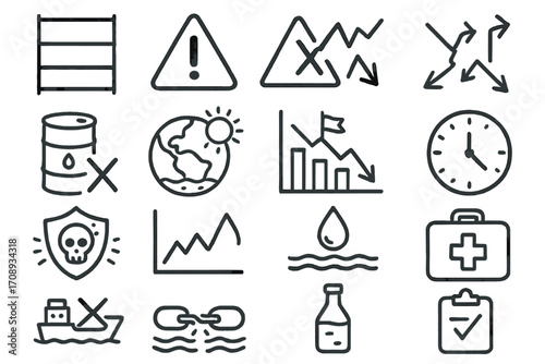 Environmental hazard linear icon set. featuring climate change, pollution, deforestation, and more symbols