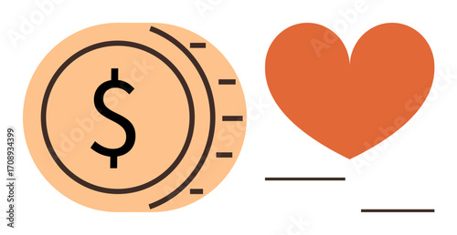 Coin featuring dollar sign alongside bold heart highlights financial stability, love, and balance. Ideal for charity, donations, savings, investments, emotional value, wealth management simple flat