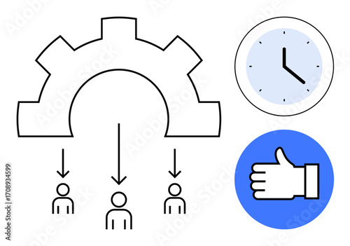 Gear transferring tasks to team members, clock indicating time management, hand symbolizing positive feedback. Ideal for teamwork, productivity, organization, leadership, efficiency, project