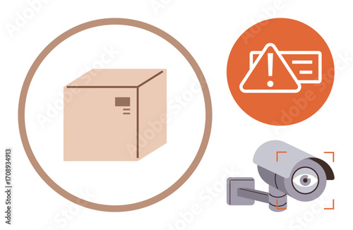 Parcel secured under video surveillance with warning alert sign. Ideal for e-commerce, logistics, safety, security, delivery protocols, monitoring systems, simple flat metaphor