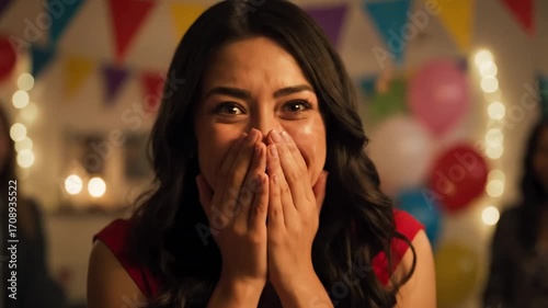 Woman crying tears joy surprise party cinematic UHD handheld lifestyle emotional happiness stock. female weeping gladness impromptu gathering filmic ultra high definition portable