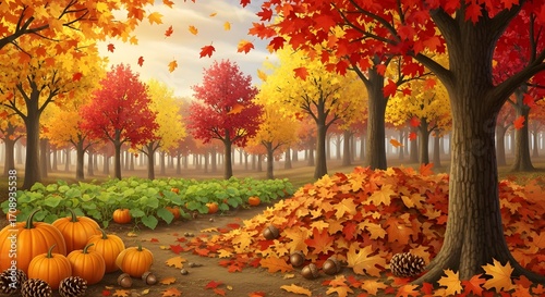 Vibrant autumn harvest scene with pumpkins, falling leaves, and colorful trees creating a cozy, festive atmosphere