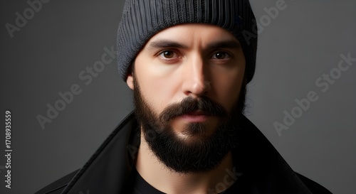 Intense man with beard and beanie stares directly forward in a professional studio portrait