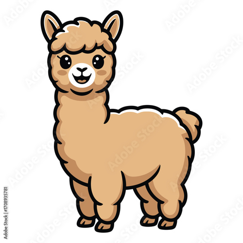 Cute cartoon alpaca with fluffy wool and a smile