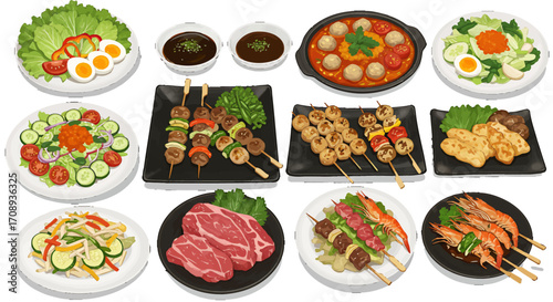 Delicious food and salad design elements, a collection of fresh and appetizing dishes and ingredients