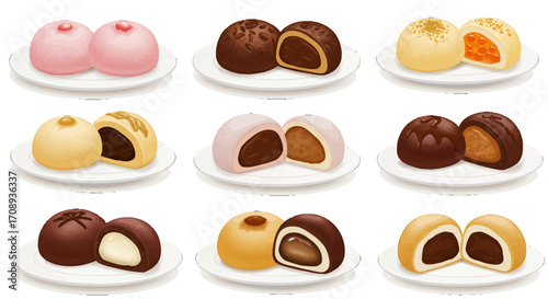 Creative Design Array of Delicious Mochi Sweets on Plates