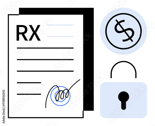 RX script with a handwritten signature, dollar sign in a circle, and lock icon symbolizing healthcare costs, privacy, and safety. Ideal for medicine, finance, security, trust insurance privacy