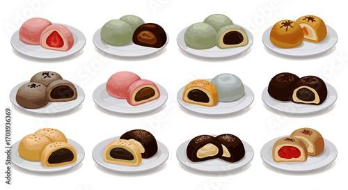 Detailed vector illustration design of various Japanese mochi sweets, showcasing a colorful collection of twelve traditional Asian desserts on plates
