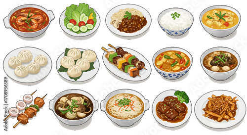 Delicious Asian Cuisine Food Design Illustrations