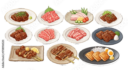 Illustrated design set of traditional Japanese meat dishes including yakiniku, katsu, and yakitori for culinary menus
