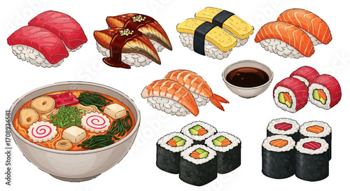 A colorful and detailed vector illustration set featuring a classic Japanese food design collection of sushi and ramen