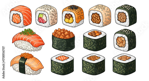 A delightful vector graphic design featuring a diverse collection of sushi and maki rolls, perfect for menus, food blogs, or Asian cuisine-themed projects