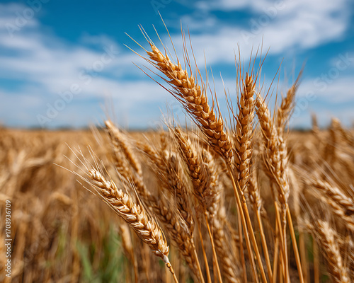 Golden wheat ears close up in sunny field under blue sky, symbolizing harvest and natural beauty in agriculture