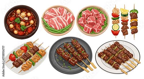 A delightful culinary design featuring an assortment of grilled skewers, raw meat cuts, and a rich stew, perfect for menu illustrations and food-themed projects