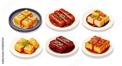 Delicious Tofu Dishes Vector Design An Array of Asian Culinary Plates