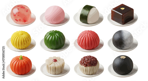 An assortment of Japanese wagashi confectionery sweets featuring intricate designs and beautiful colors