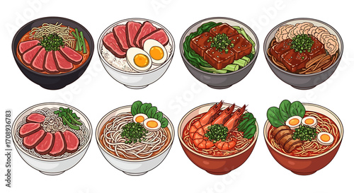 An elegant graphic design array of savory Asian noodle and rice bowls, featuring delicious culinary creations and diverse gourmet meal options for food enthusiasts