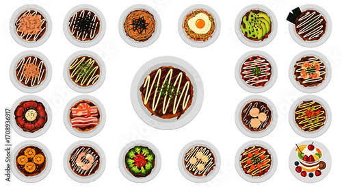 A diverse assortment of Japanese okonomiyaki pancakes presented in a flat vector illustration design, showcasing a variety of delicious toppings