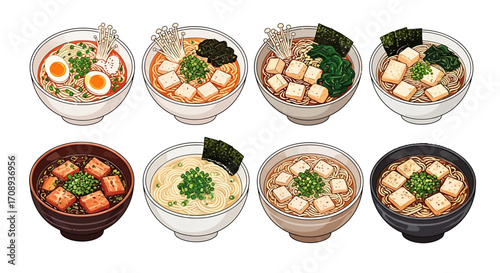 Creative Design Showcase Diverse Ramen Bowl Illustrations for Culinary and Artistic Inspiration