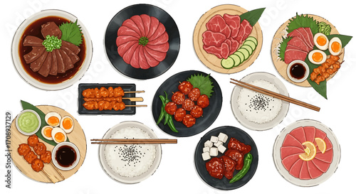 A vibrant culinary design showcasing an exquisite array of Asian-inspired dishes and ingredients, perfect for a diverse and delicious meal presentation