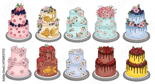 A delightful design collection of multi-tiered cakes, uniquely decorated with fresh fruits, elegant flowers, and charming elements, ideal for sweet celebration or event