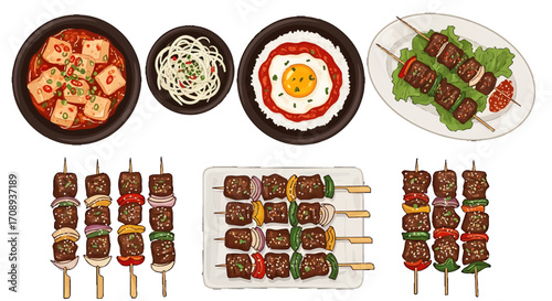Culinary vector illustration design showcasing a delicious assortment of Korean barbecue and traditional meals