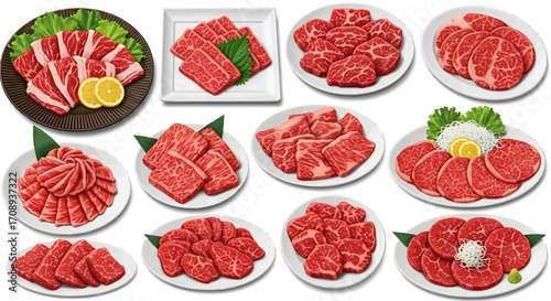 A diverse collection of premium raw beef cuts, featuring a detailed culinary vector design for butcher shop and restaurant menus