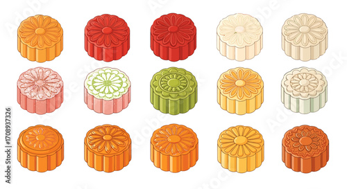 An intricate vector design assortment of traditional festive mooncakes, showcasing a rich variety of patterns and colors, perfect for cultural celebrations and culinary delight