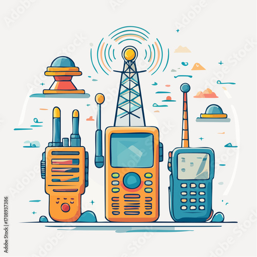 A collection of colorful radio communication devices including transceivers and a transmission tower emitting signals