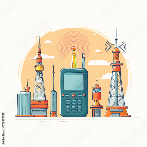 Wireless Communication Technology Concept with a Mobile Device Surrounded by Signal Transmission Towers