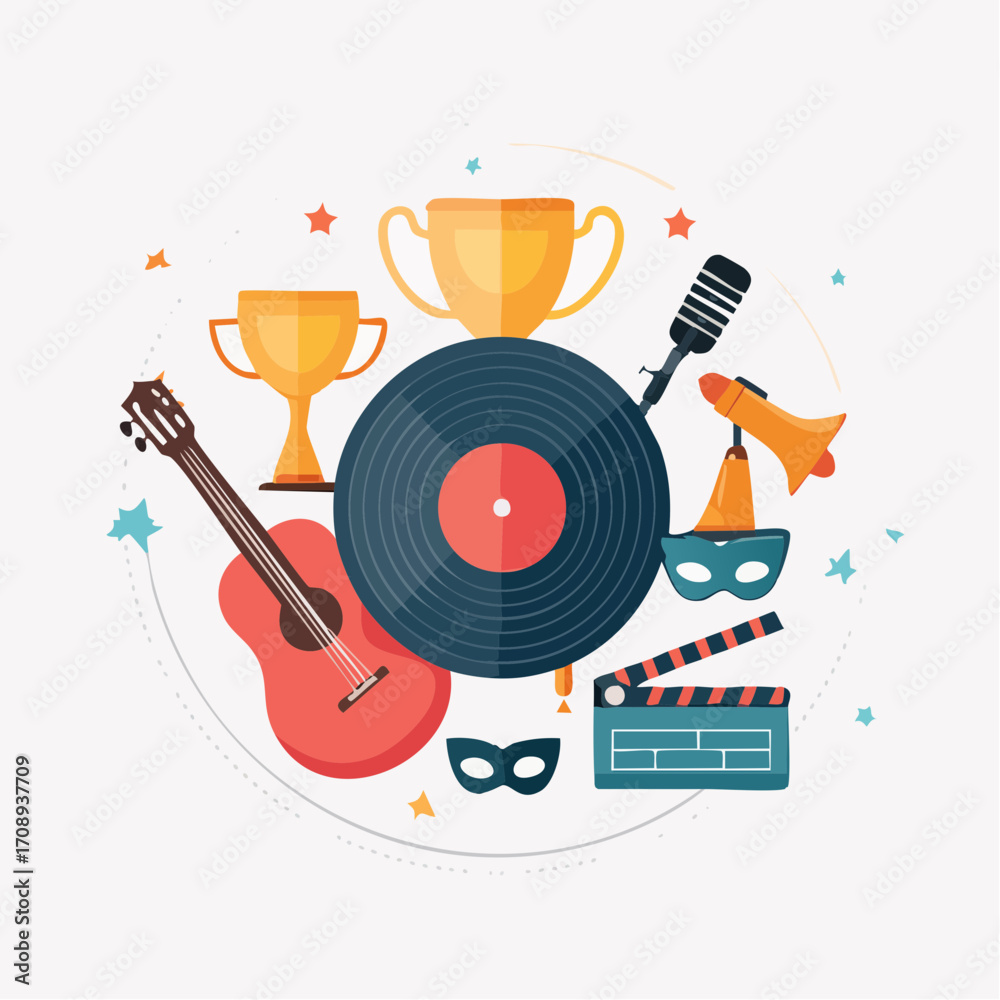 Obraz premium Entertainment Flat Lay Vector Illustration with Musical Instruments and Rewards