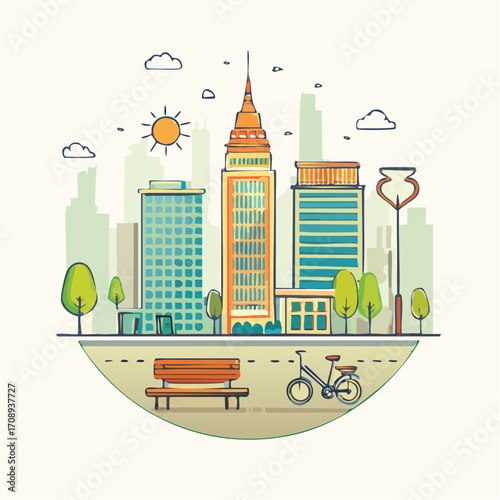 Modern city skyline with park bench and bicycle, depicting urban life and green spaces