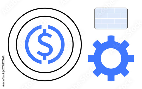Blue dollar sign within concentric circles, gear, and brick wall. Ideal for finance, economy, investment, process, strategy construction innovation. Versatile visual simple flat metaphor
