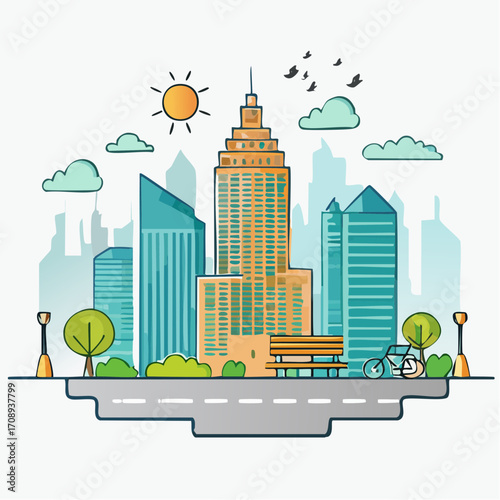 Vector cityscape illustration of a modern metropolis featuring an urban park oasis with a bench and bicycle under a bright sun