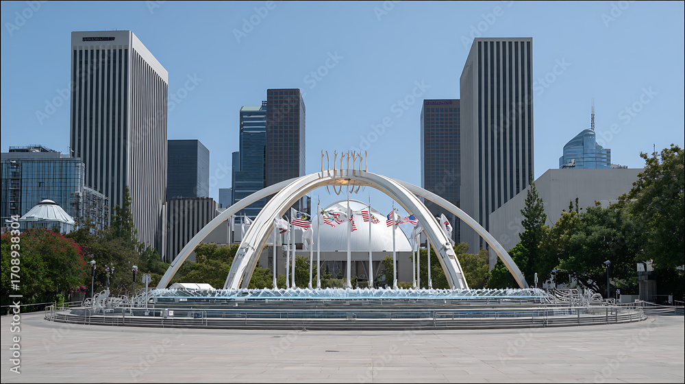 Fototapeta premium Modern cityscape featuring a large arch-shaped fountain with flags and a dome structure, surrounded by high-rise buildings under a clear blue sky.