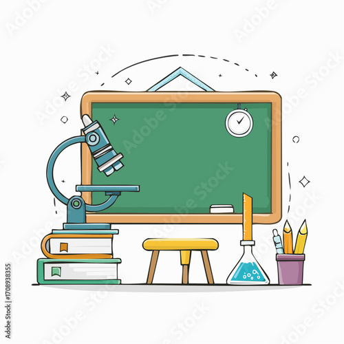 Vibrant educational concept illustration featuring essential school supplies like a chalkboard, microscope, and science equipment, perfect for learning and academic themes