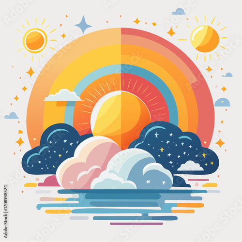 Vibrant illustration of a celestial scene featuring a sun-drenched rainbow arching over stylized clouds and a calm body of water, symbolizing weather and natural phenomena