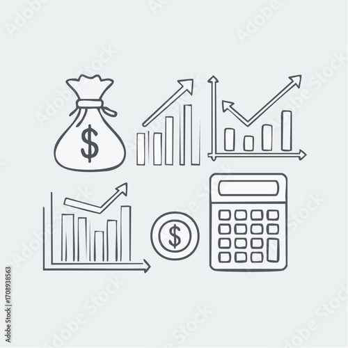 Set of hand-drawn doodle icons for finance and business concepts. Illustrations of economic growth, investment charts, money bags, and a calculator